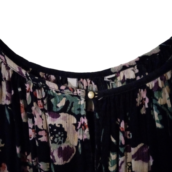 Dark Floral Print Peek a Boo Front Long Sleeved Peasant Tunic Style Top XL - Picture 2 of 9